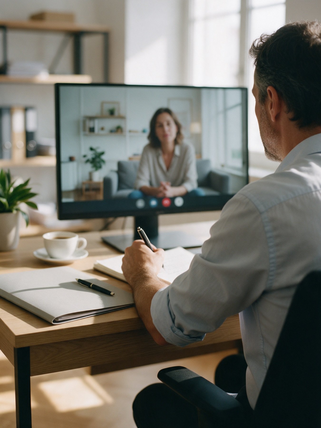 Abogado tomando notas durante una consulta online por videollamada con una clienta