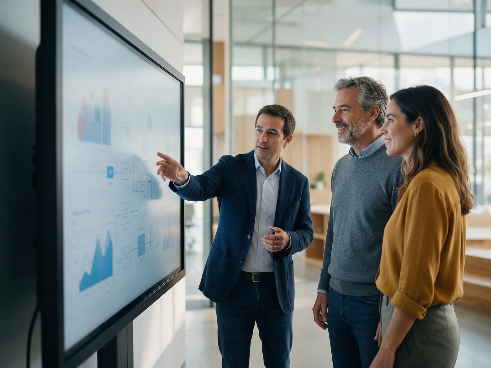 Un consultor muestra a dos empresarios cómo funciona una solución de inteligencia artificial con sus datos en una pantalla