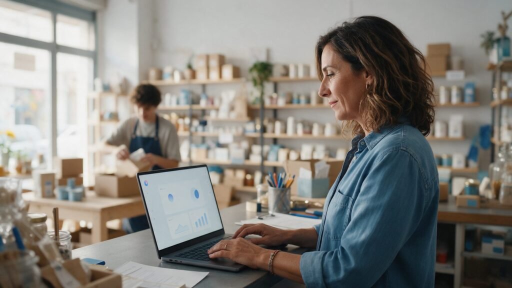 Dueña de una pequeña empresa trabajando en el portátil con un panel de inteligencia artificial en su tienda taller