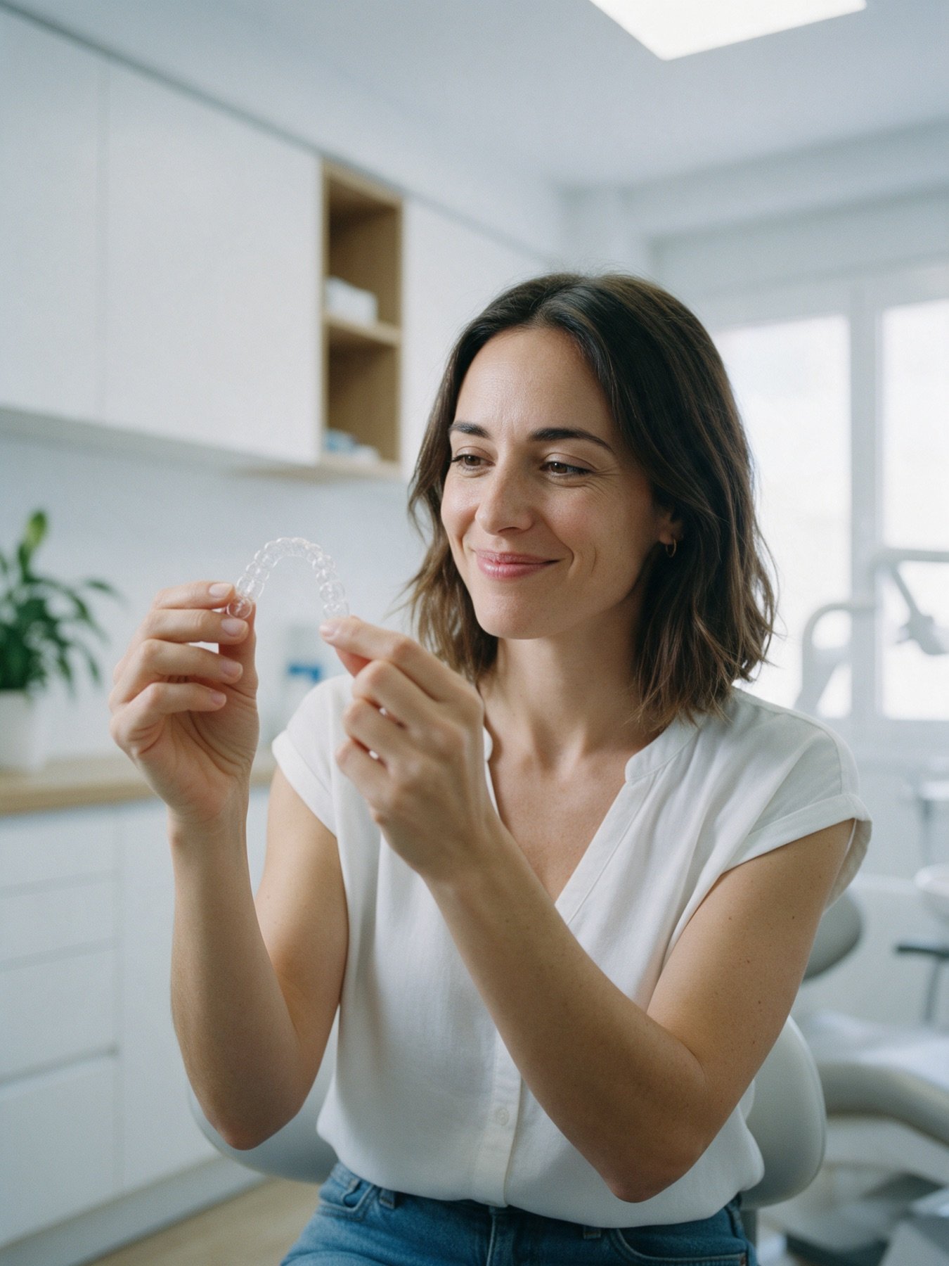 Paciente sonriendo mientras sostiene sus alineadores de ortodoncia invisible en la clínica dental