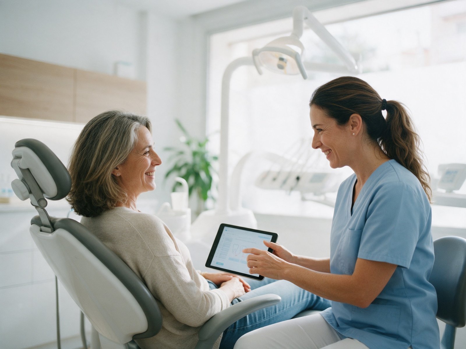 Dentista mostrando el plan de tratamiento en una tableta a una paciente sonriente en la clínica