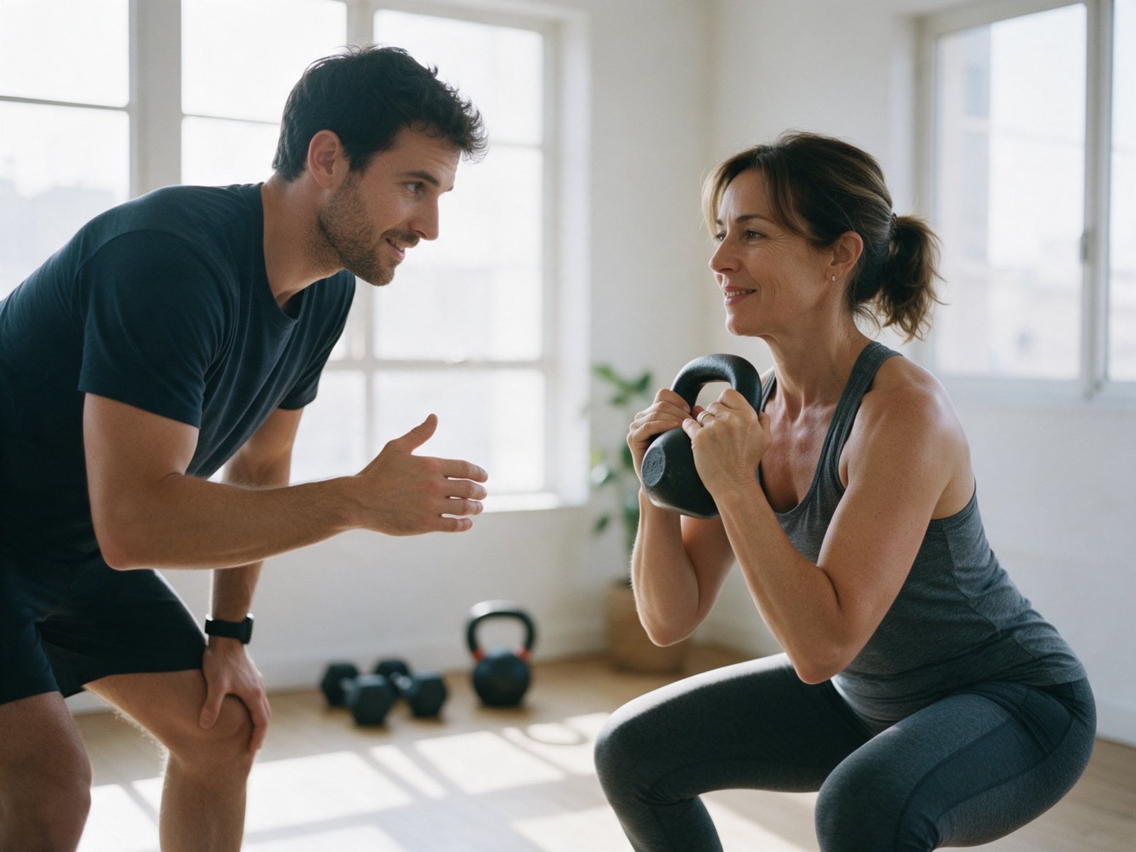 Entrenador personal corrigiendo la técnica de una clienta que hace una sentadilla con kettlebell en un estudio luminoso