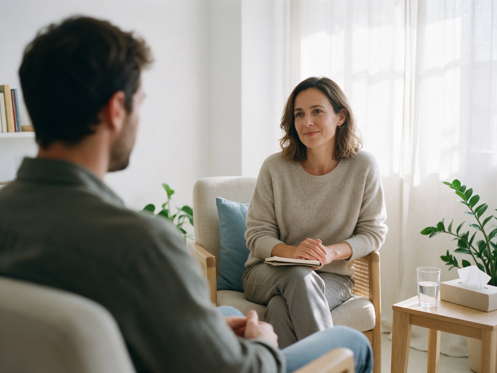 Psicóloga escuchando con atención a un paciente en una consulta luminosa